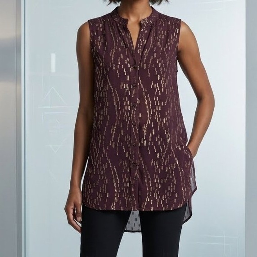 KOCH Womens L Silk Blend Sleeveless Metallic Foil Blouse Burgundy Gold USA Made